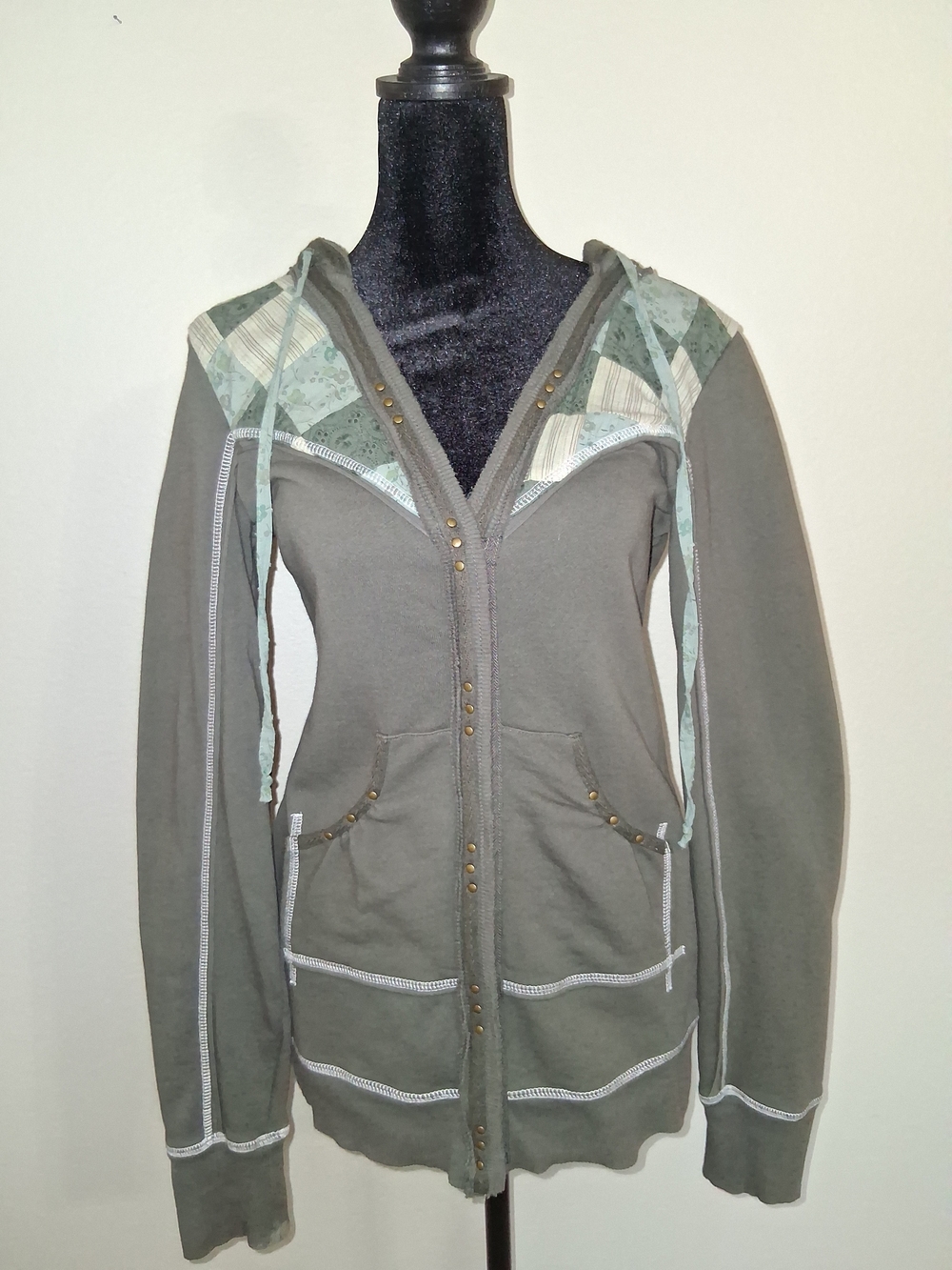 Free People Olive Green Zip Hoodie with Mint Patchwork - Picture 8 of 8